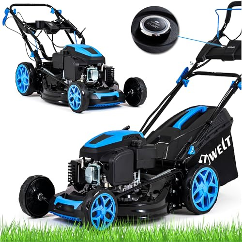 Hexwelt HW-KS-224 Tondeuse à gazon à essence avec autotraction, démarrage électrique, moteur Ducar OHV de 224 cm³, largeur de coupe de 53 cm, bac de ramassage de 60 L, fonction mulching, éjection laté