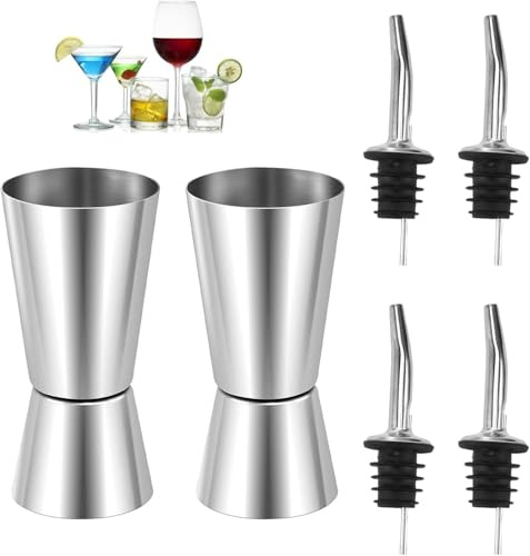 7-Piece Set Spirit Measure 25ml 50ml Stainless Steel Shot Measure | Dual Measuring Cup, 4Pcs Bottle Pourers, Brush, Alcohol Gin, Drink Measures, Anti-rust, Anti-corrosion
