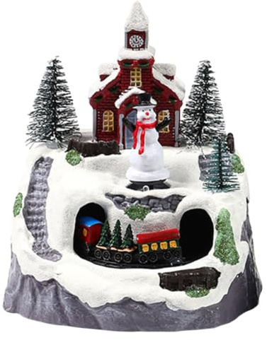 OUNONA Animierte Weihnachtsdorf-Dekoration, beleuchtetes Dorfhaus mit Musik und Fahrender Eisenbahn auf verschneitem Berg, weihnachtliche Sammlerfigur als Mittelpunkt für Zuhause