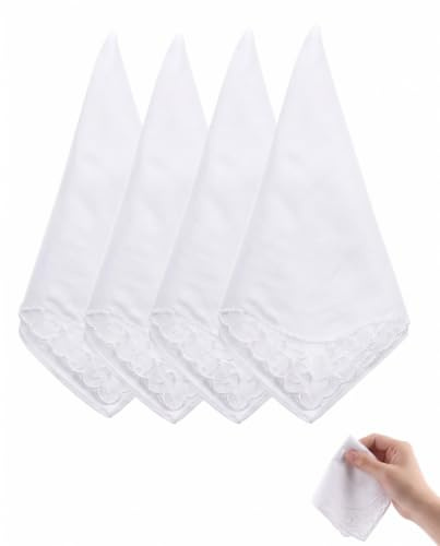 UEAVOID 4 Pañuelos de Boda para Novia, Pañuelo Blanco de Algodón y Encaje para Lágrimas de Felicidad, Elegante Juego de Pañuelo Bautizo y Detalle de Tela para Invitadas