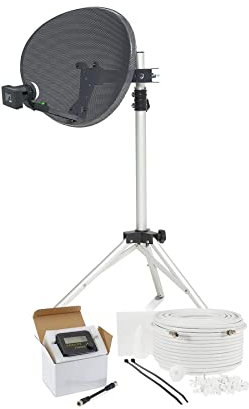 SSL Satellites 60cm Zone1 Portable Satellite Dish Kit Tripod Quad LNB & Satellite Finder - 10M Single RG6 White - Full DIY Kit for Caravan