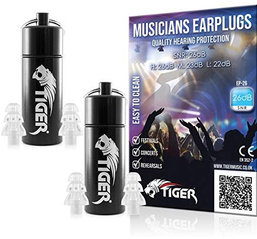 TIGER Musiker Ohrstöpsel Gehörschutz Lärmunterdrückung Ohrstöpsel Festivals, Konzerte, Musik, Clubs Ohrstöpsel mit Tragetasche Standard SNR 26 dB - Pack of 2 farblos