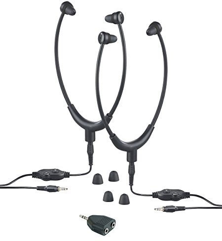 Newgen Medicals Kopfhörer für TVs: 2 TV-Kinnbügel-Kopfhörer, Stereo-Verteiler, 3,5-mm-Klinke, bis 117 dB (mit Audiokabeln, mit Kabelfernsteuerung, Verlängerungskabel)