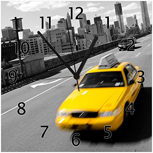Wallario Design-Wanduhr New York Yellow Taxi II aus Glas, Motiv-Uhr Größe 30 x 30 cm, Schwarze Zeiger
