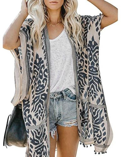 Women Beach Cover Up Boho Chiffon Sheer Lady Kimono Bikini Coverup, Swimsui Pompom Trim, Pool Cardigan Duster, Plus Size Swim Wear, Bathting Suit Swimsuit Swimwear