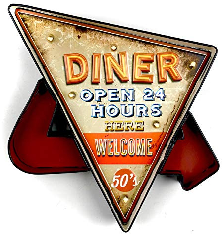Retro-Schild, beleuchtet, Café, Vintage Metallschild, Handwerk, Zubehör für Zuhause (Diner Open 24 Hours)