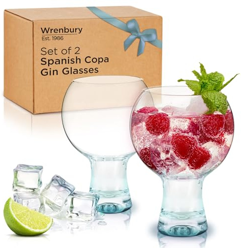 Wrenbury Lot de 2 grands verres à gin avec tige courte et base solide - Forme ballon - 562 ml - Bleu saphir