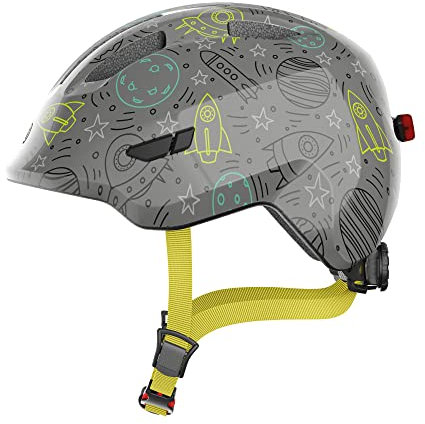 ABUS Kinderhelm Smiley 3.0 LED - Fahrradhelm mit Licht - tiefe Passform & Platz für einen Zopf - für Mädchen und Jungs - Grau mit Weltall-Muster, Größe S, S (45-50 cm)