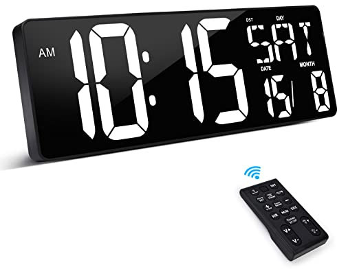 XREXS Reloj de Pared Digital con Control Remoto, 16,5'' Reloj Digital LED Pared Grande, Reloj Despertador Digital con Brillo Ajustable, Reloj Pared Digital con Hora/Fecha/Temperatura (Blanco)