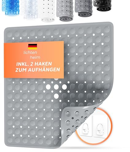 LICHTENHEIM Duschmatte rutschfest Sensitiv 53x53 cm Maus-Grau | INKL 2 HAKEN, Badewannenmatte rutschfest, Antirutschmatte Badewanne, BPA frei, Badematte schimmelresistent & waschbar