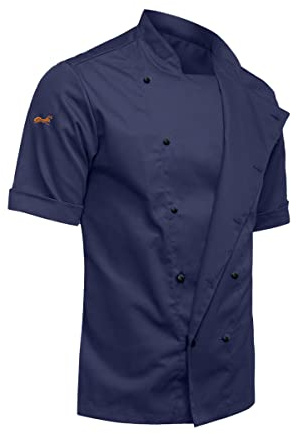 strongAnt easyClean, giacca da cuoco da uomo, a maniche corte, con bottoni a sfera in tessuto protettivo Slim Fit professionale, uniforme da cucina, Blu scuro / 117 g/m², XXL