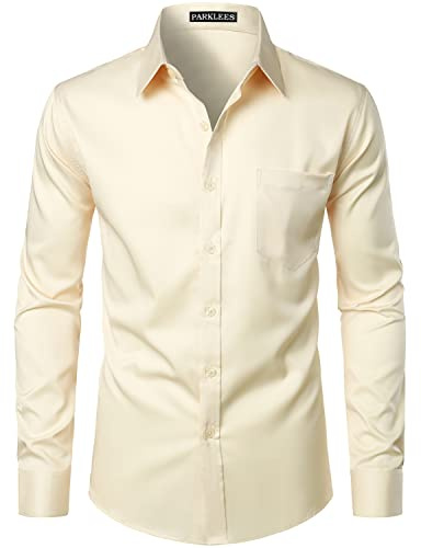 PARKLEES - Camisa de vestir de manga larga para hombre, estilo urbano, casual, negocios, ajustada, con botones y bolsillo, beige, M