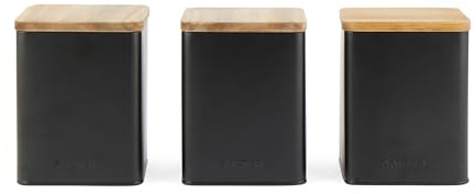 Salter BW12898EU7 Toronto 3 pezzi Set di canestri – Tè, Caffè, Zucchero Stoccaggio, Finitura opaca rivestita in polvere, Acacia Wood Lids, Easy Clean, Space Saving Jars, Long Lasting Freshness, Black