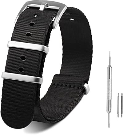 RoYiio Klockarmband för stötbredd 20 mm, spänne i rostfritt stål, bekvämt ventilerande, premium ballistiskt nylonband för kvinnor och män – svart, 20mm