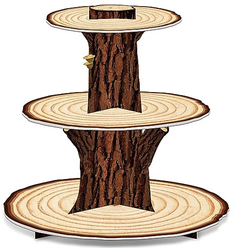 Wooden 3 Tier Cupcake Stand Decoration - Rustic Wood Cupcake Stand Decor for Camping, Birthday, Safari Party Supplies