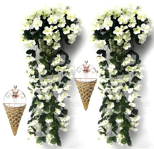 HULKAY 2 Pcs Artificial Hanging Baskets Outdoor With Flowers, Hanging Baskets With Flowers For Garden Wall Fence Wedding Balcony Outdoor Inside Door Decoration