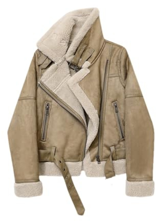 Winter Damen Warme Plüsch Kunstleder Lammfell Jacke Kurz Motorradjacke Synthetische Schaffell Lederjacke, Beige, L