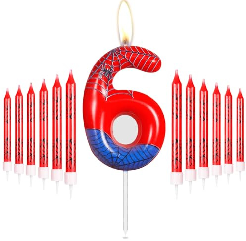 Personalisiertes Happy 6th Birthday Kuchen Kerzen Set, Blau Rot Kerzen mit Spinnennetz, Spinne Nummer 6 Kerzen Kuchen Topper, Spinne Thema Party Kerzen für Jungen Mädchen 6. Geburtstag