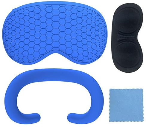 Schutzabdeckungsset für Vision Pro, Silikon-Gesichtsschnittstellenabdeckung + VR-Schutzhülle+Linsenstaubabdeckung +Brillenputztuch (Blau)
