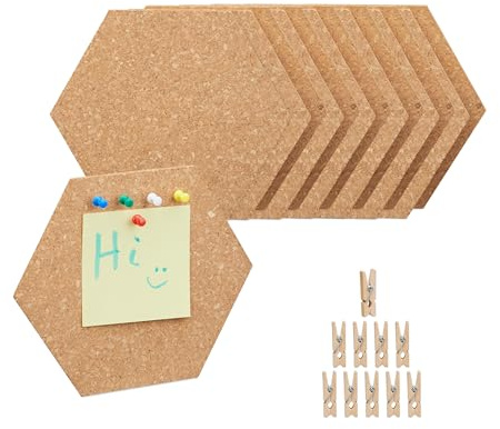 Relaxdays Korkpinnwand 14er Set, sechseckige Korkwände, Büro Pinnwände mit Pins & Klammern, HBT: 17,5x20x0,5 cm, natur