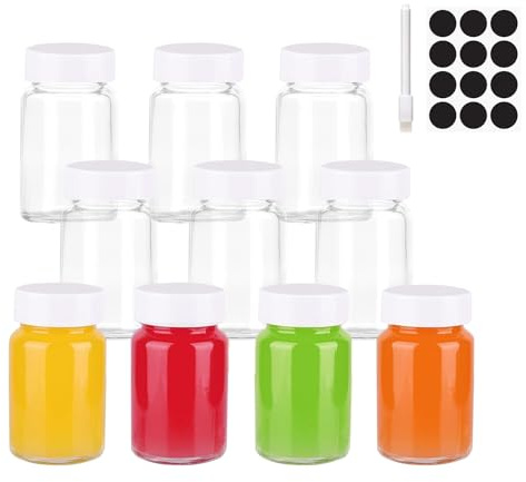 KPYZLBD Shot Flaschen zum Befüllen 10 Stück, 60ml Glasflaschen Zum Befüllen Mit Deckel, Ingwer Shot Flaschen Mit Etiketten Und Stift Kleine, Gläser für Ingwer, Fruchtsäfte, Konfitüren Oder Andere