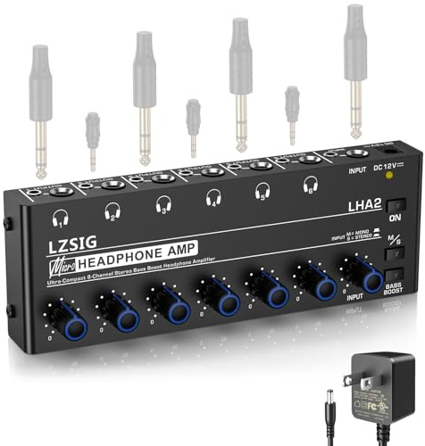 LZSIG Headphone Amplifier 6 Channel Metal Stereo Audio Amplifier with Bass Boost,Mini Earphone Splitter with Power Adapter,1/4 & 1/8 TRS Headphones Output and TRS Audio Input, DC 12V