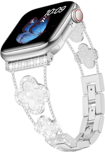 Tasikar Bling Diamond Damarmband Kompatibelt med Apple Watch Armband 49mm 46mm 45mm 44mm 42mm 41mm 40mm 38mm Ultra SE serien 10 9 8 7 6 5 4 3 2 1 Lucky Clover Dressy Ersättningsarmband (Silver)