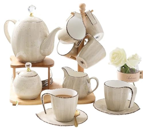 MaGiLL Teeservice aus Keramik, Kaffeeservice aus China, Teeservice, 16-teiliges Kaffee- und Tee-Geschenkset aus Porzellan und Keramik, Tassen und 6 Stück, Teekanne, Schüssel und Holzständer