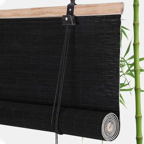Schwarz Bambusrollo Outdoor Sonnenschutzrollo Anpassbar Größe Sichtschutz Bambus Rollo Fenster Rollo aus Bambus,Verdunkelnd Raffrollo Seitenzugrollo Vorhang