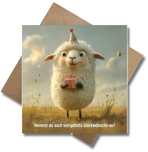 WBdesignz Geburtstagskarte verspätete Glückwünsche mit Umschlag - Glückwunschkarte zu spät Geburtstag mit süßem Schaf - Nachträgliche Gratulation - Happy Birthday (125 x 125 mm)