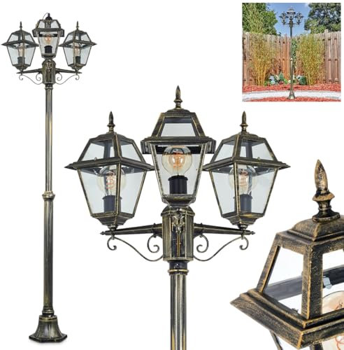 HOFSTEIN Kandelaber Fornelos, Außenwegeleuchte aus Metall/Glas in Schwarz/Gold/Klar, verstellbare Wegeleuchte im Vintage/Antik/Landhaus-Design für Garten, Außenbereich, Hof, Höhe 206 cm, 3 x E27, IP44
