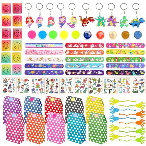 Qcdou Mitgebsel Kindergeburtstag Set 4/6/7/8/10 jahre, 78 Stück Dino Meerjungfrau Mitgebsel, Stempel/Tattoos/Exquisite Geschenkbox/Schnapparmband, Spielzeug FüR Kinder Partybeutelfüller(D)
