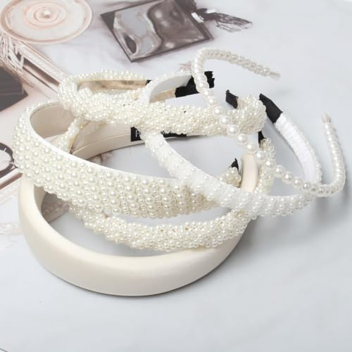 DIELOVEHUA 5 Stück Perlen Haarreif, Weiße Perlen Haarreifen, Haarreif Damen Elegante, Braut Haarschmuck, Damen Breites Dickes Stirnband, für Damen Mädchen Hochzeitsfrisuren Partys Accessoires