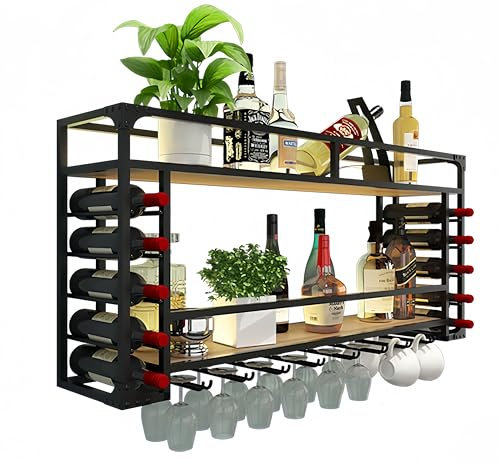 Wandmontiertes Weinregal, hängendes Weinregal aus Metall, 3-stufiges Likörflaschen-Displayregal, Wand-Barschrank mit Glashalter