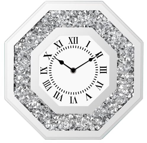 Wanduhren Modern Wohnzimmer Glitzer Wanduhr ohne Tickgeräusche Silber Luxus Diamant Wanduhr Oktagon 30 cm Glitzer Kristall-Uhr mit Stillem Quartzwerk Bling Bling Kristall Deko Uhr (Achteck)