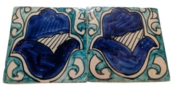 Lot de 2 tuiles de mosaïque marocaine Zellige | Paire | Hamsa Design C | 10 cm