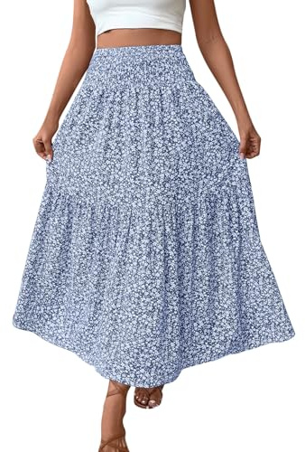 Mrat Women's Floral Skirts Elasticated Waist Midi Summer Skirt Swing A Line Boho Skirts Soft Comfy Bohemia Elegant Long Dresses Swing Basic Flowy Skirt Party Club Holiday Vacation Beach Travel