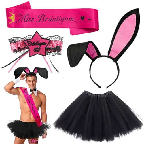 4 Stück Männer JGA Kostüm Set, Junggesellenabschied Männer JGA Party Kostüm | Zubehör Hochzeit Deko, Tutu-Männers, Hasenohren-Haarband, Bräutigam-Strumpfband Miss Bräutigam Schärpe Valentinstag Karneval