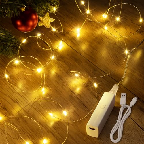 Micro Aufladbar Lichterkette Batterie, 10m 100LEDs Lichterkette Draht Klein Silberdraht Innen Außen Akku mit Timer 8 Programm für Party Geschenke Weihnachten Beleuchtung Deko Halloween Schlafzimmer
