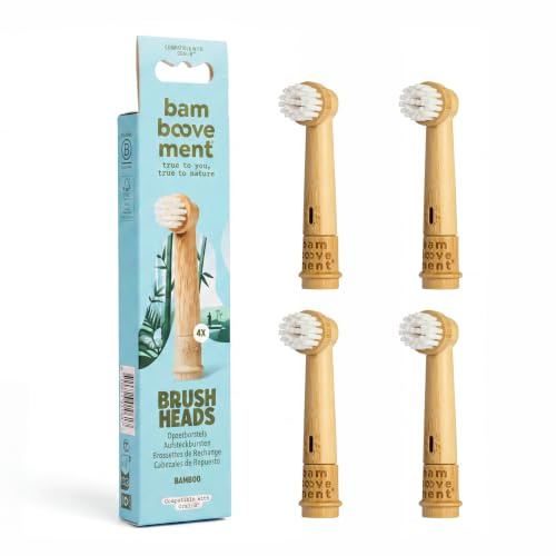 The Bamboovement Lot de 4 brosses de rechange en bambou FSC, compatibles avec les brosses à dents électriques Oral-B (pas pour iO et Pulsonic), 99 % sans plastique, poils à base de plantes