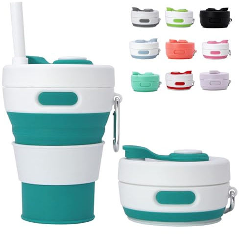 MOMAHUA 450ml Taza Plegable de Silicona Azul Pavo Real,Taza de Café Reutilizable Plegable para Viaje,Copa Colapsable con Tapa Anti-fugas, Incluye Porta-taza y Cuerda
