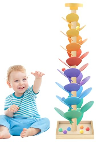 Murmelbahn Regenbogen 73cm Höhe Kugelbahn Klangbaum Holz Murmelbahn Lernspielzeug Für Kinder, Hölz Musikbaum Mit Murmeln, Motorikspiel 3+ Jahren, Für Innen & Außen Kinderzimmer Wohnzimmer Spielzimmer
