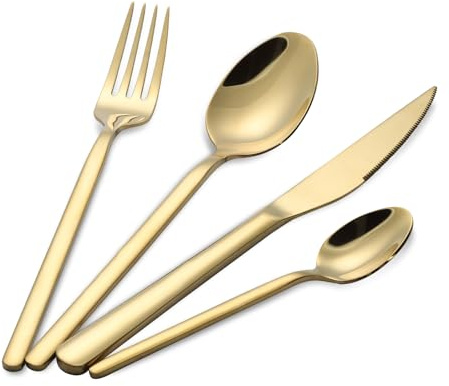 24 Pièces de Couverts pour 6 Personnes, Ensemble de Vaisselle en Acier Inoxydable, Jeunesse Polie, Jeunesse avec Couteaux, Fourchettes et Cuillères (or)