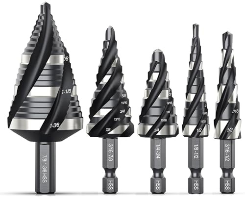 Step Drill Bit for Metal Set, 5 Pcs HSS Step Drill Bits(1/8-1-3/8) Four Spiral Flute Cobalt Step Drill Bit for Metal, Stainless Steel, Aluminum, Wood, Plastic