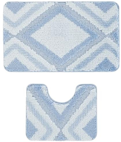 Paradise Products Bath Mat Set - Bath Mats 2 Piece Set- Soft Plush Anti-Slip Rugs - Bathroom Carpet Essentials - Bathroom Mat Quick Dry - Washable Mats - (Blue, 80 x 50 cm + U Shaped 48 x 48 cm)