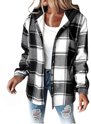 Chanpning Veste a Carreaux Femme Chaud Doublure Polaire Sweat à Capuche Manches Longues Hoodie avec Boutons Automne Hiver Classique Chemise Carreaux Manteau