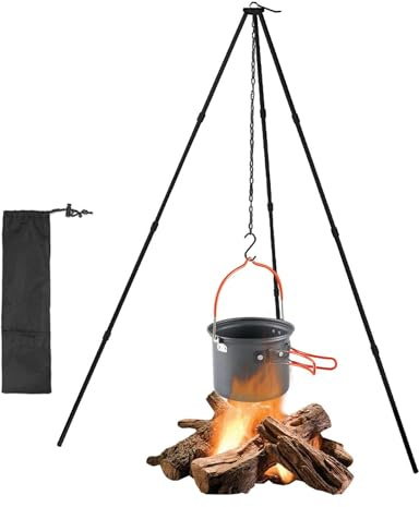 Treppiede in alluminio per esterni, treppiede da campeggio, stufa pieghevole leggera, catena per appendere regolabile, falò da campeggio resistente, zaino in spalla portatile per cucinare all'aperto