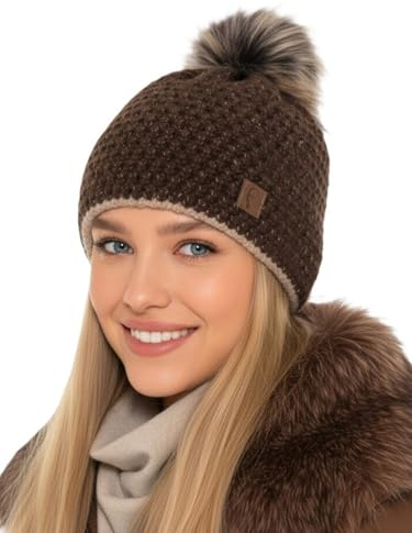 Baesics Strickmütze Glitzer Braun mit Bommel für Damen & Herren – warme Unisex Wintermütze mit Fleecefutter & Kunstfell Pompon One Size – Beanie Stil