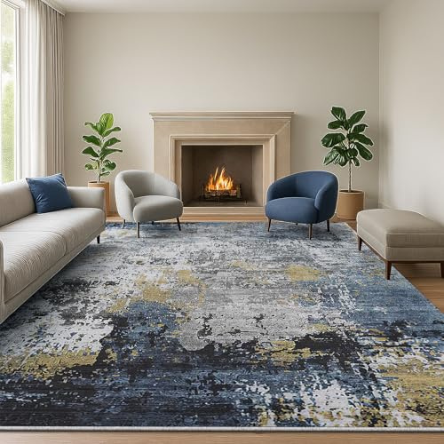 SOANNY Tapis de Salon 160x230 cm, Poils Courts, Super Doux, Design Abstrait Moderne, Lavable et antidérapant, Grand Tapis pour Salon, Chambre, Chambre d’Enfant, Salle à Manger, Bureau, Bleu Or