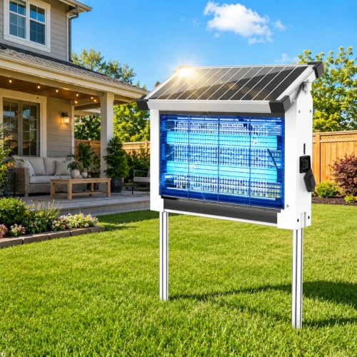 Dnenellr Lámpara Antimosquitos Solar Exterior, Mata Moscas IPX5 (Blanco) | Panel Solar Ajustable, 4500V Impermeable, Batería de 4000mAh, Sensor Crepuscular, Carga USB-C y Cable de Extensión de 3M
